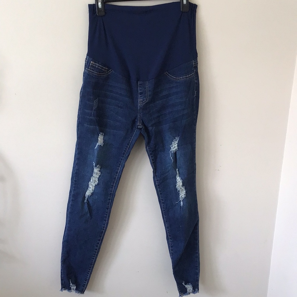 SHEIN Blue High Rise Maternity Jeans with Stretchy Panel and Distressing